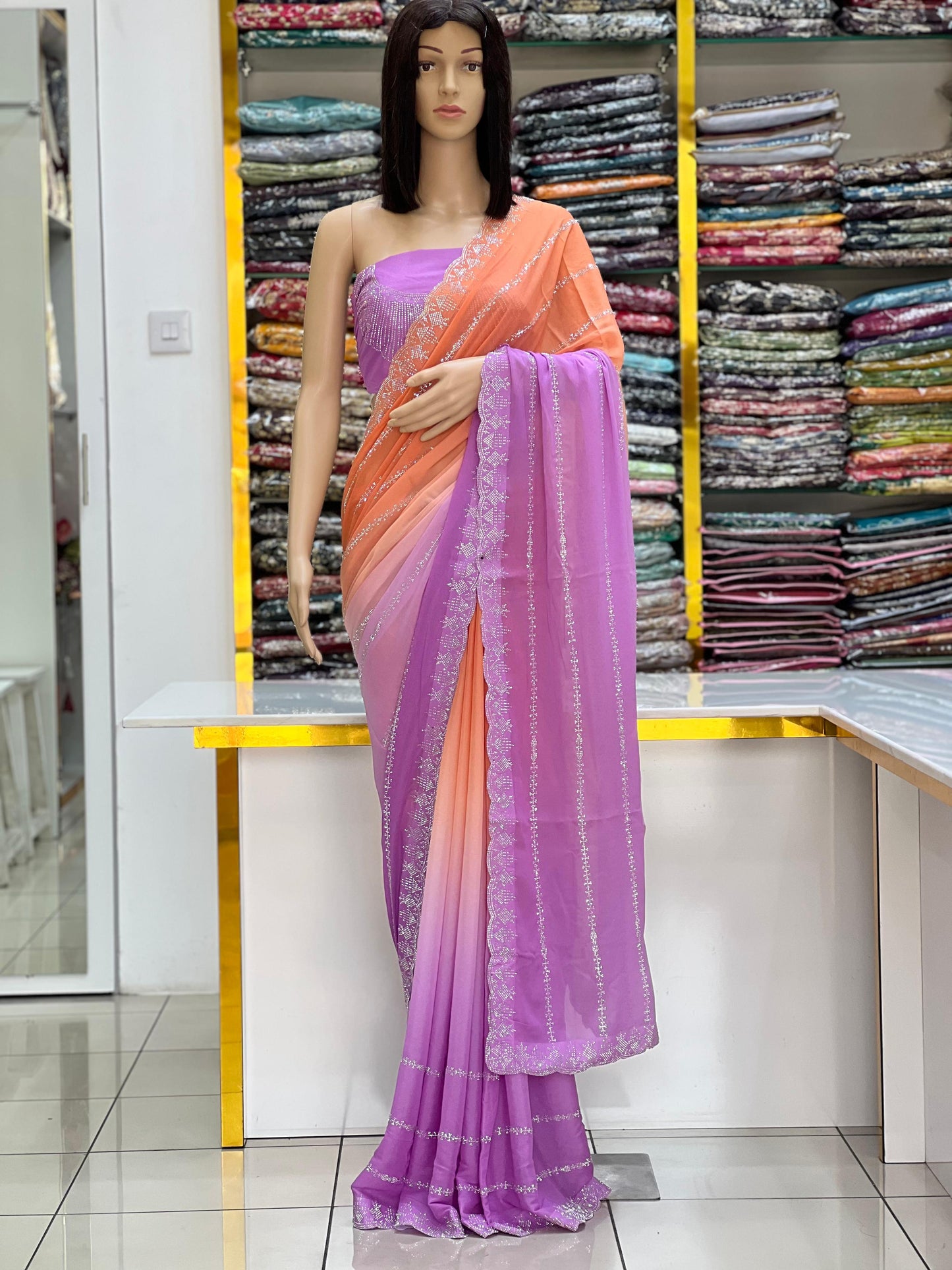 Peach & Lavender Dual-Tone Saree with Silver Embellished Work