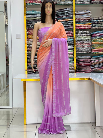 Peach & Lavender Dual-Tone Saree with Silver Embellished Work
