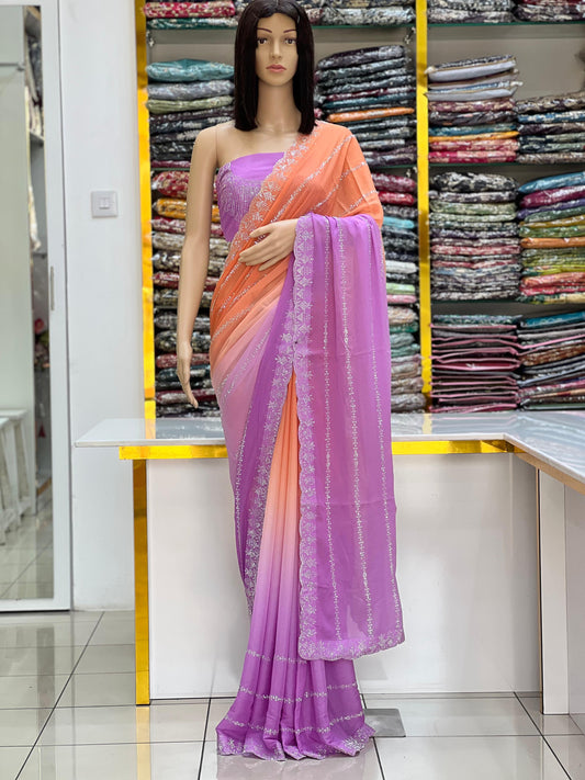 Peach & Lavender Dual-Tone Saree with Silver Embellished Work