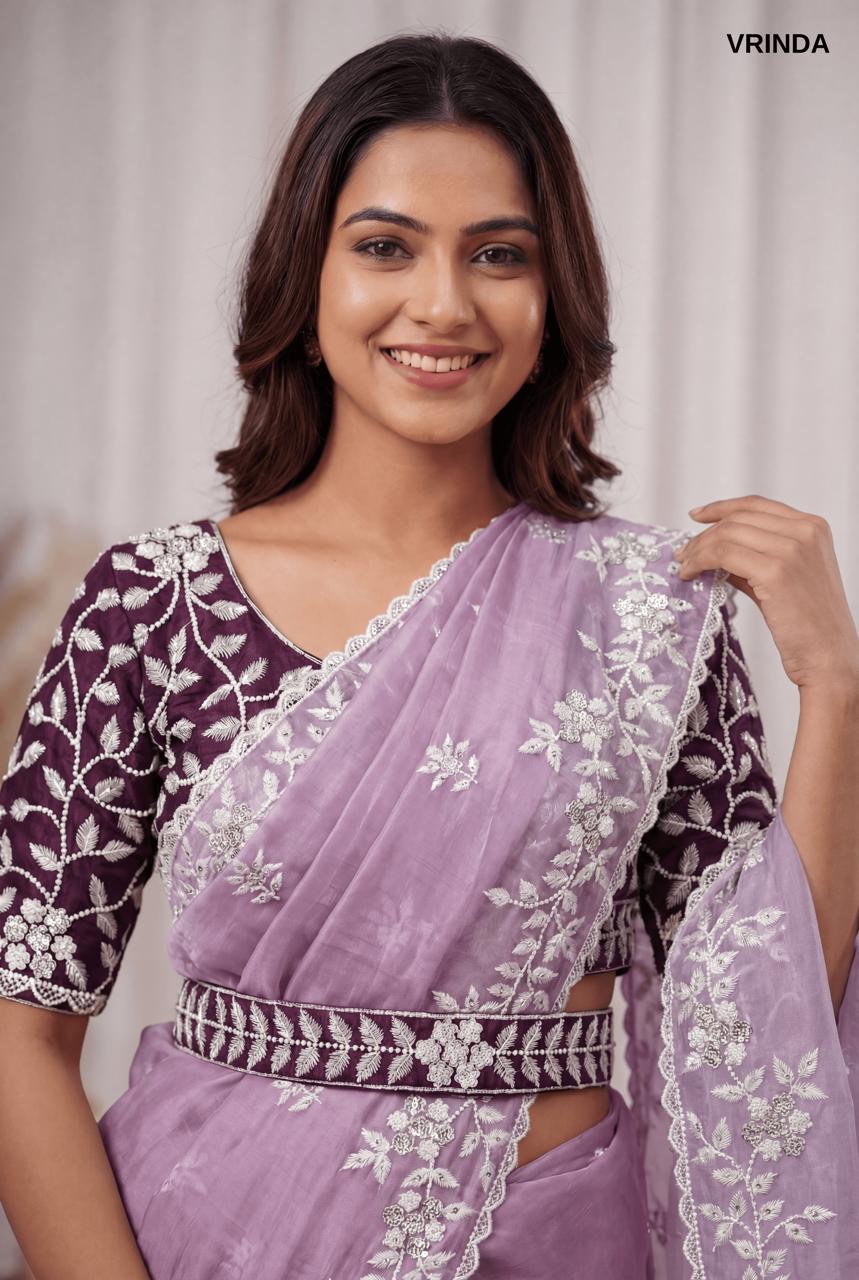 Premium Lavender Organza Saree with Ready-Made Blouse & Designer Belt