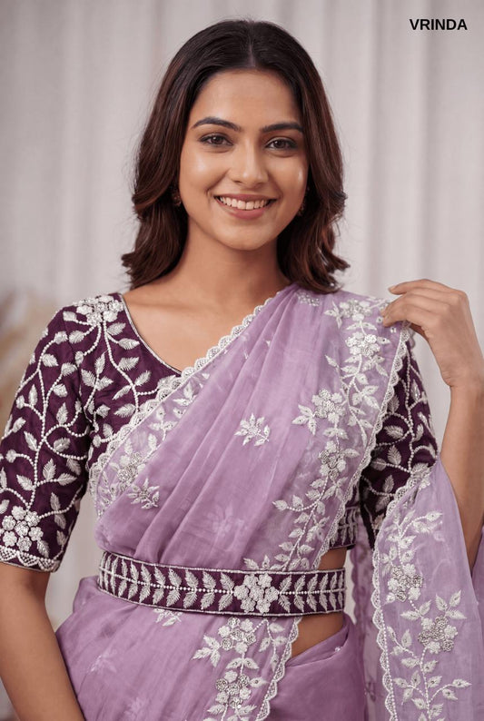 Premium Lavender Organza Saree with Ready-Made Blouse & Designer Belt