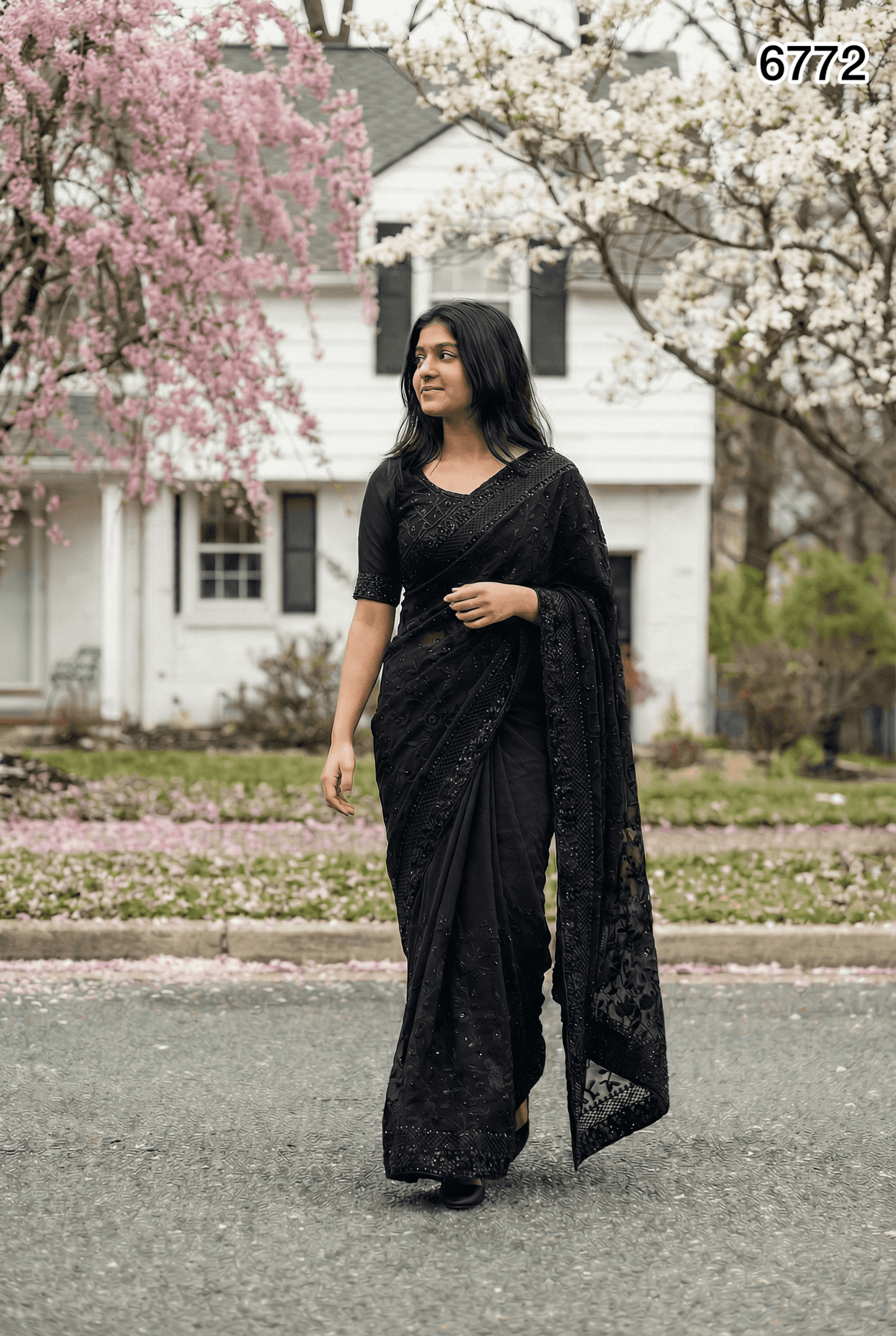 Premium Black Georgette Saree with Heavy Thread Embroidery & Stone Work – Party & Bridal Wear