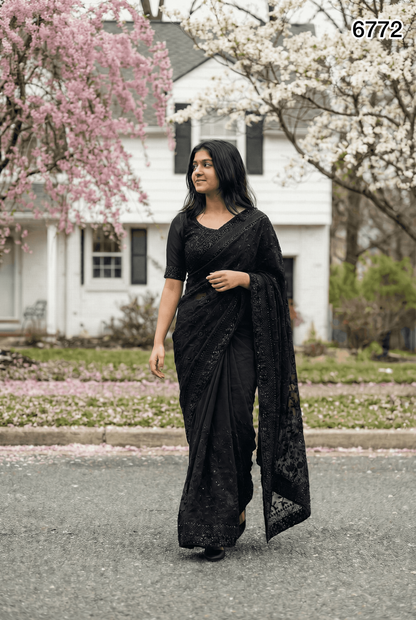 Premium Black Georgette Saree with Heavy Thread Embroidery & Stone Work – Party & Bridal Wear