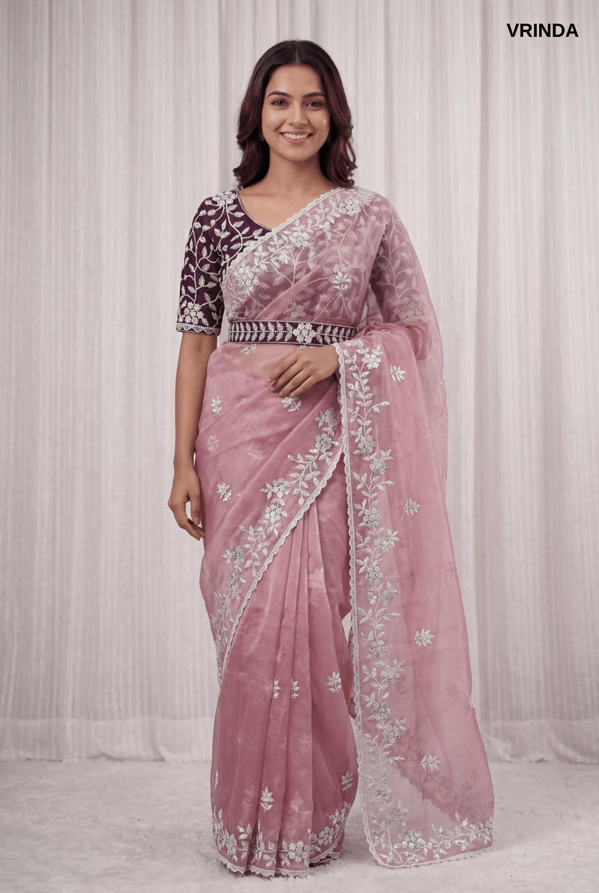 Premium Rose Pink Organza Saree with Ready-Made Blouse & Embroidered Designer Belt