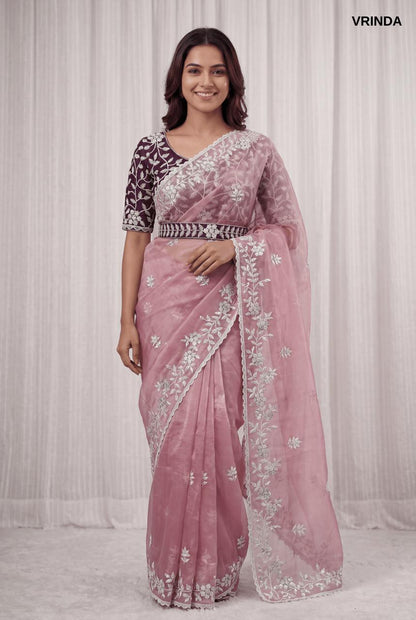 Premium Rose Pink Organza Saree with Ready-Made Blouse & Embroidered Designer Belt