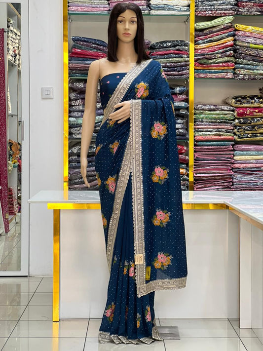 Party Wear Vichitra Silk Saree with Multi-Color Thread and Heavy Zari Embroidered Border