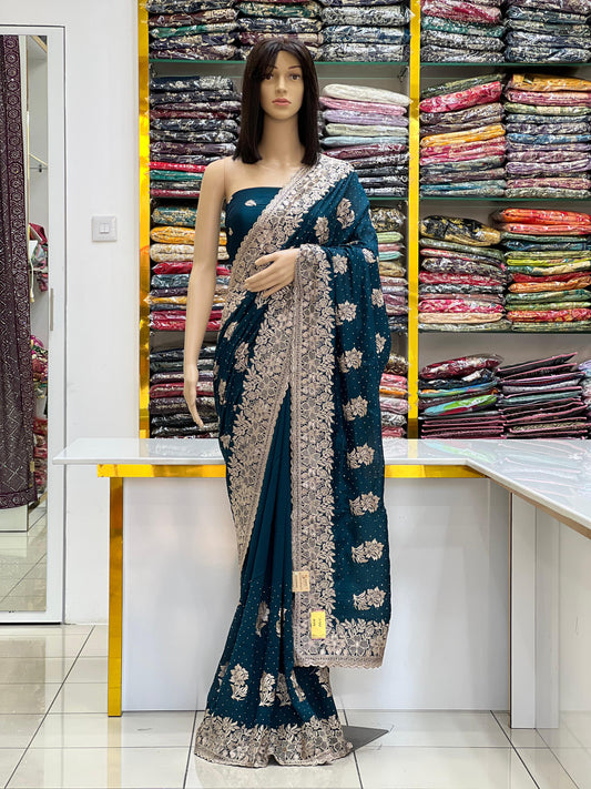 Luxurious Heavy Embroidered Vichitra Silk Saree Collection with Intricate Zari & Stone Work