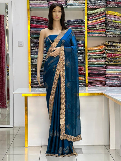 Fandy Satin Luxurious Embroidered Saree Collection with Gold Border