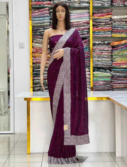 Elegant Wine Saree with Silver Zari Work Border