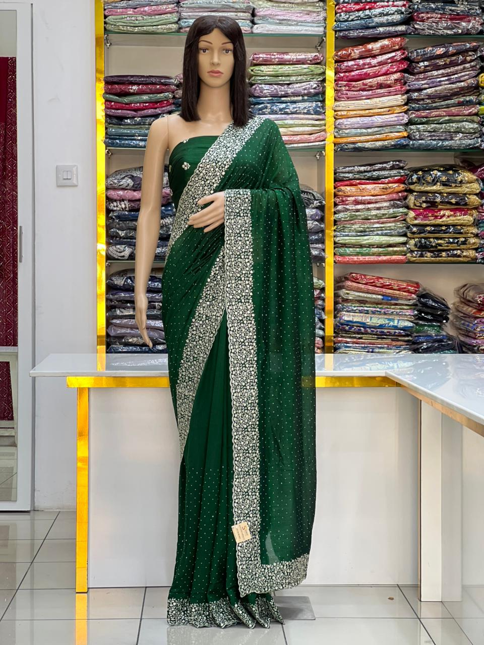 Regal Emerald Green Vichitra Sik Saree with Heavy Silver Embroidery Work Border
