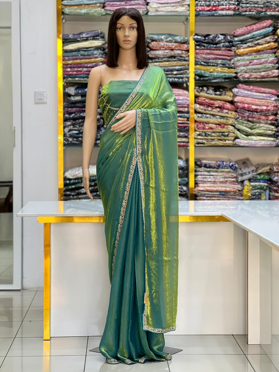 Emerald Green Satin Silk Saree with Elegant Border – Wholesale Collection