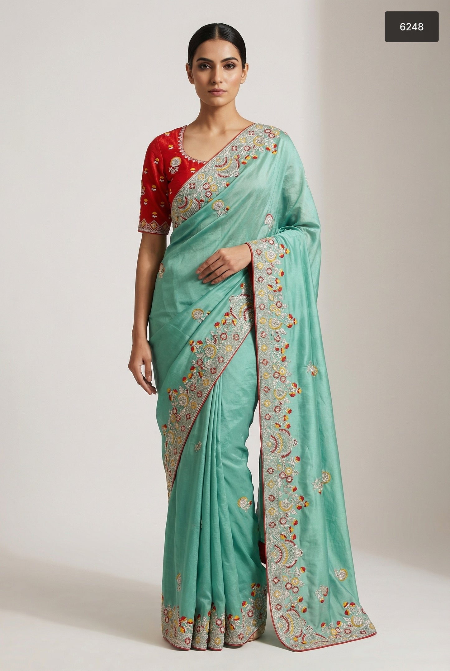 Seafoam Blue Silk Saree with Crimson Red Embroidered Blouse