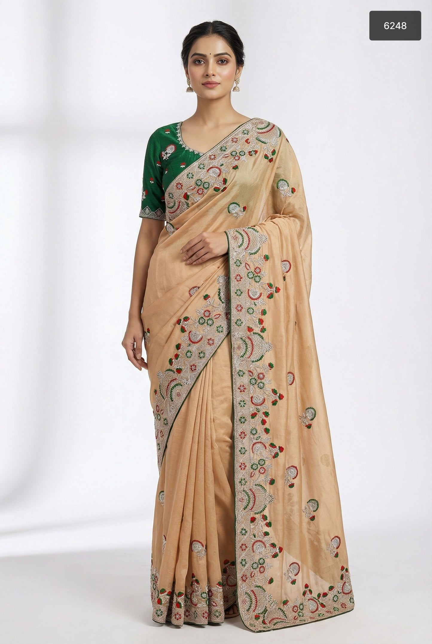 Golden Beige Silk-Blend Saree with Emerald Green Accents