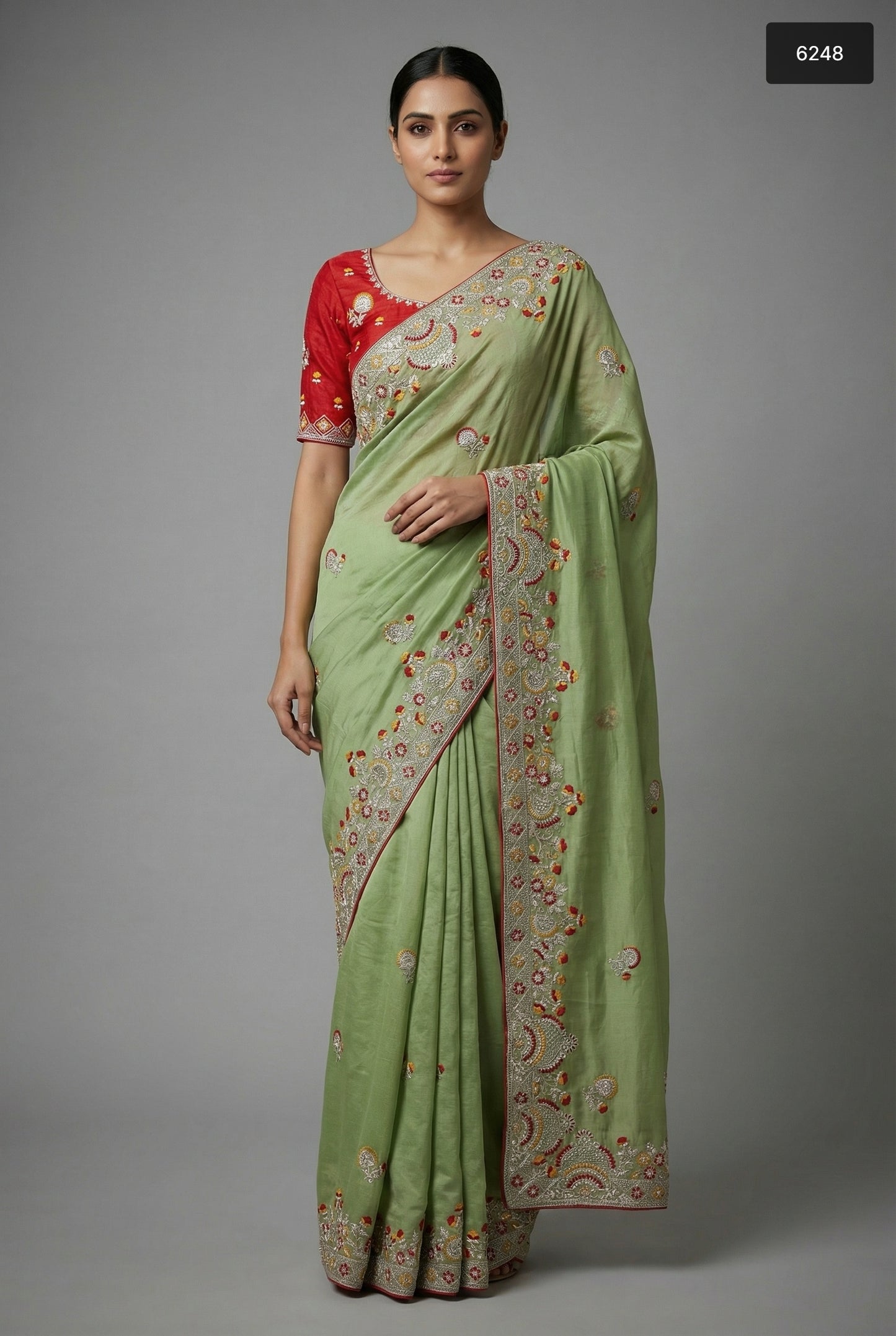 Pistachio Green Silk Saree with Embroidered Scalloped Borders