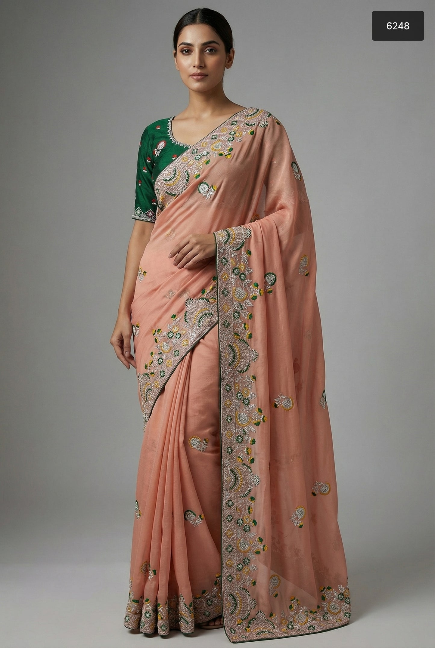 Peach Silk Saree with Emerald Green Embroidered Accents