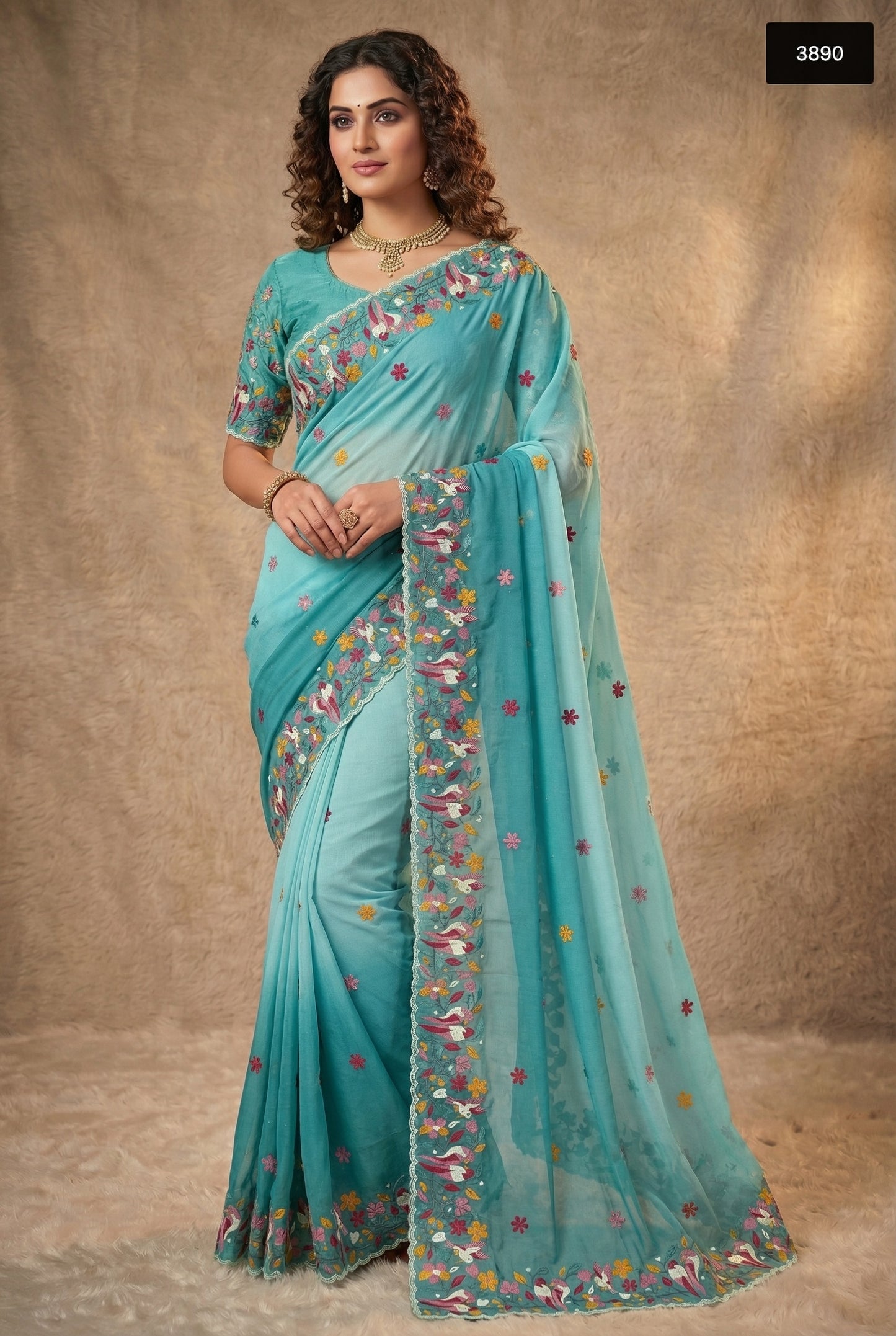Whimsical Ombre Crunchy Saree Collection with Floral Resham Embroidery