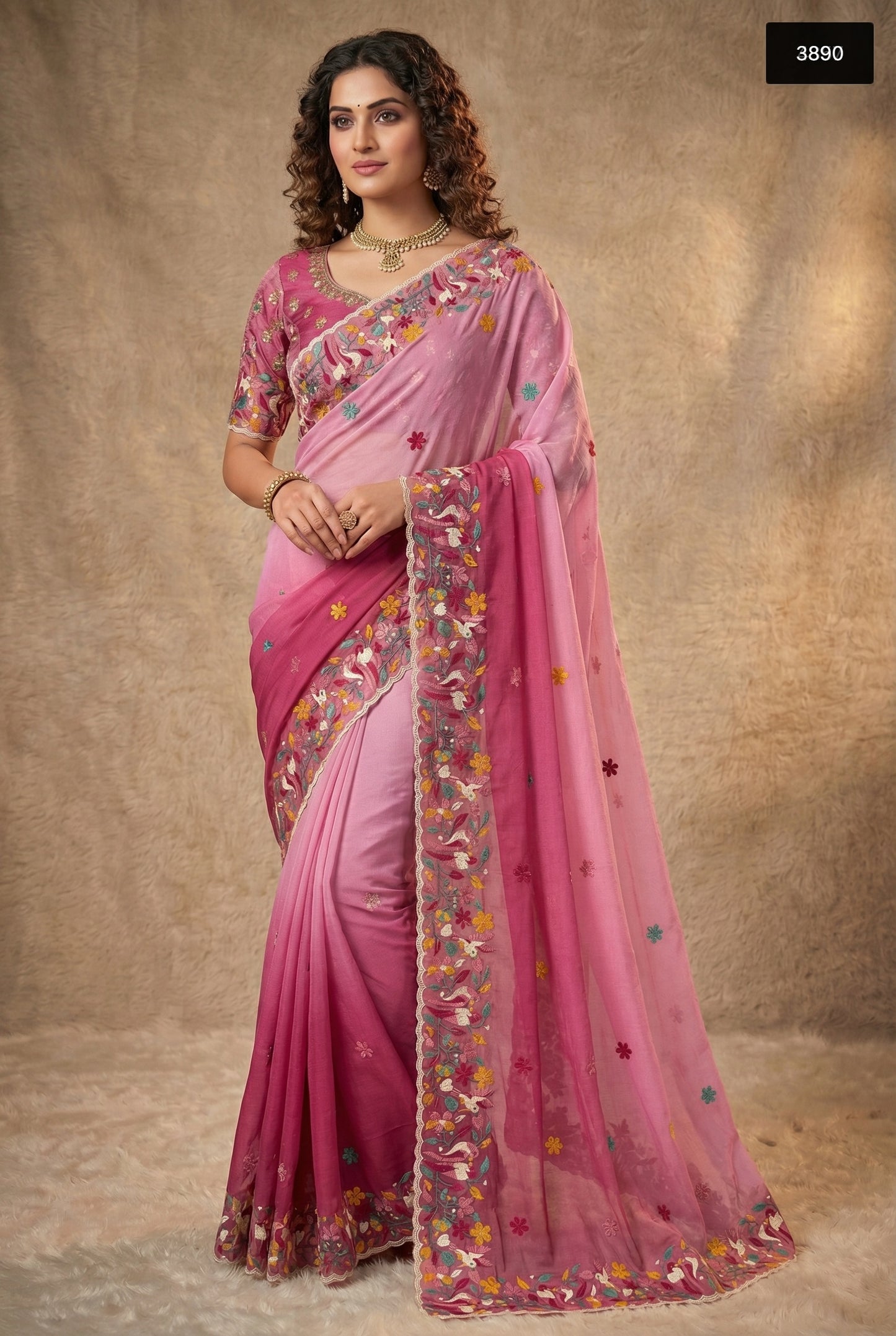 Whimsical Ombre Crunchy Saree Collection with Floral Resham Embroidery