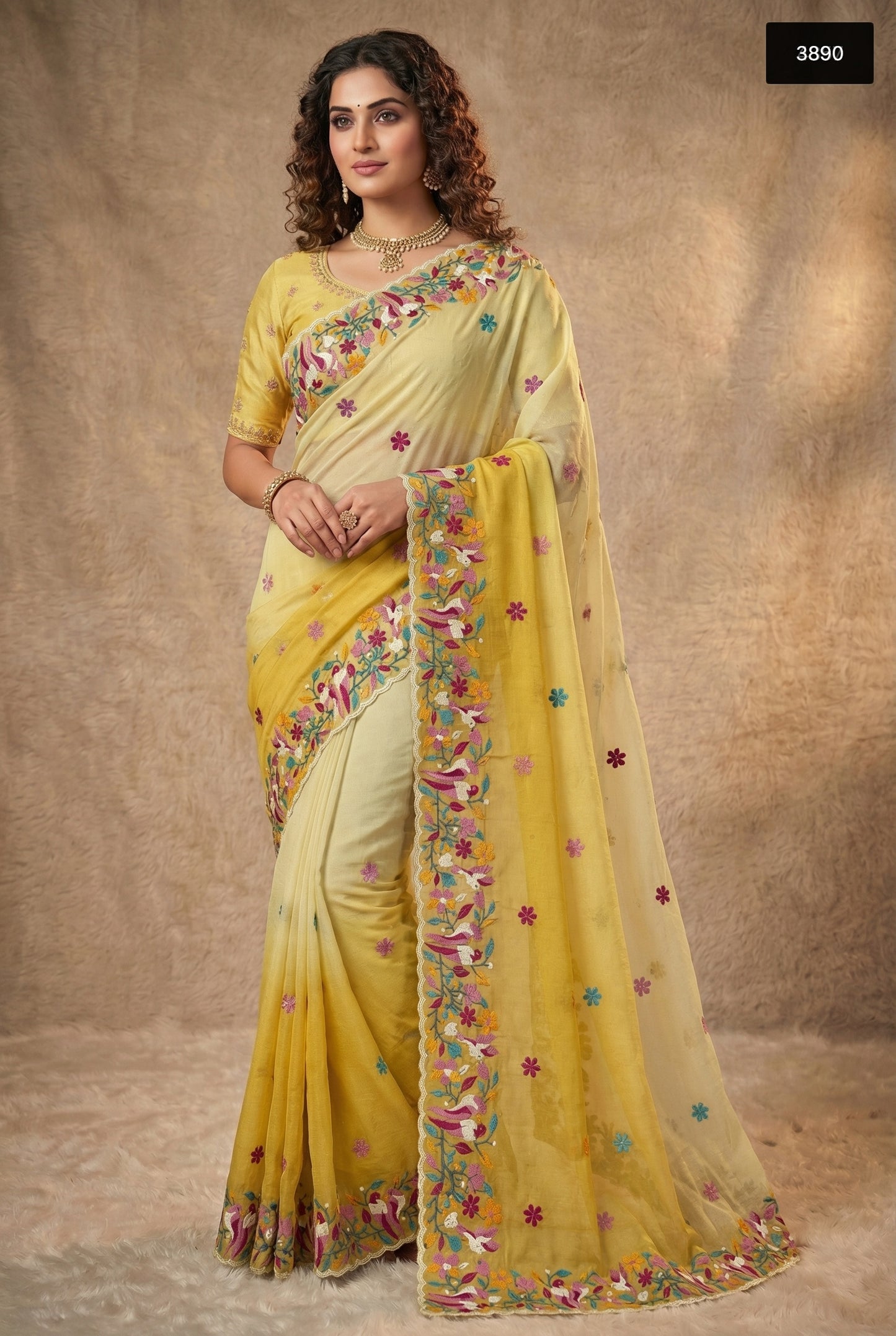 Sun-Kissed Lemon to Mustard Ombre Crunchy Saree with Floral Artistry