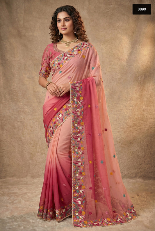 Blush to Berry Ombre Crunchy Saree with Floral Resham Embroidery