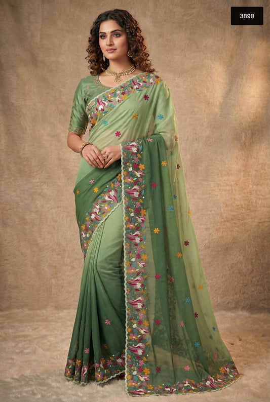 Enchanting Olive & Sage Ombre  Crunchy Silk Saree with Floral Embroidery