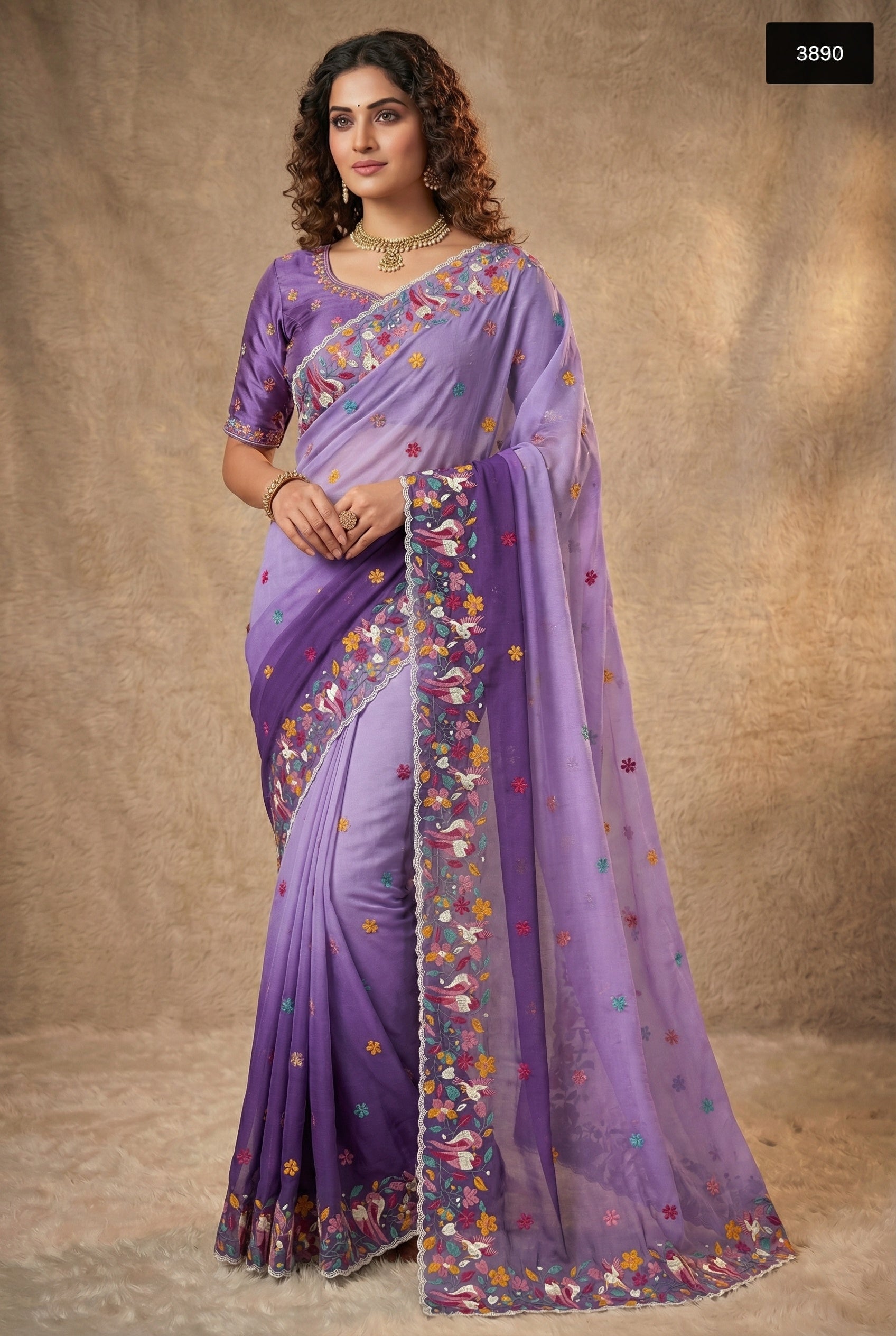 Radiant Lavender & Deep Plum Ombre Crunchy Silk Saree with Floral Embroidery