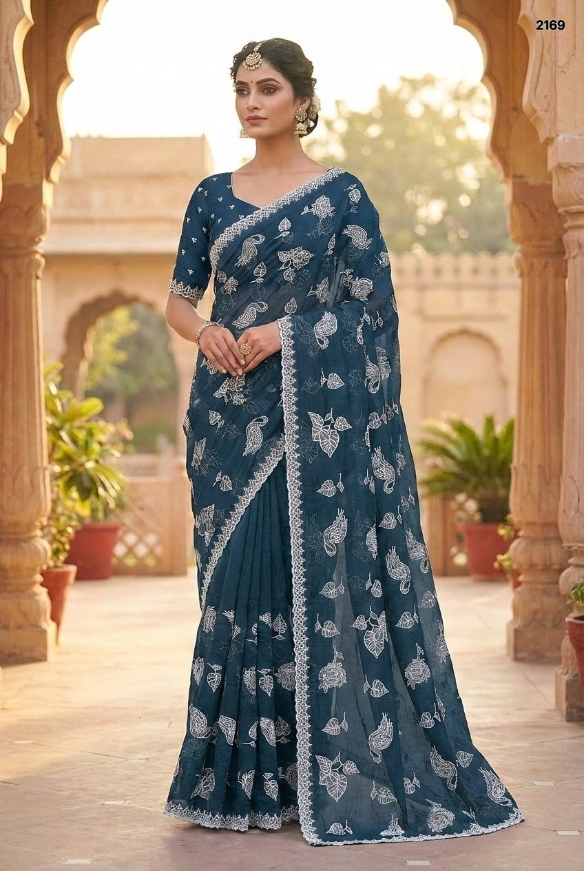 Royal Prussian Blue Embroidered Crunchy Chffon Saree