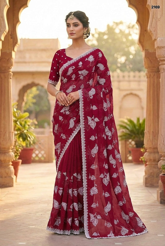 Elegant Crimson Pink Saree with Silver Leaf Embroidery