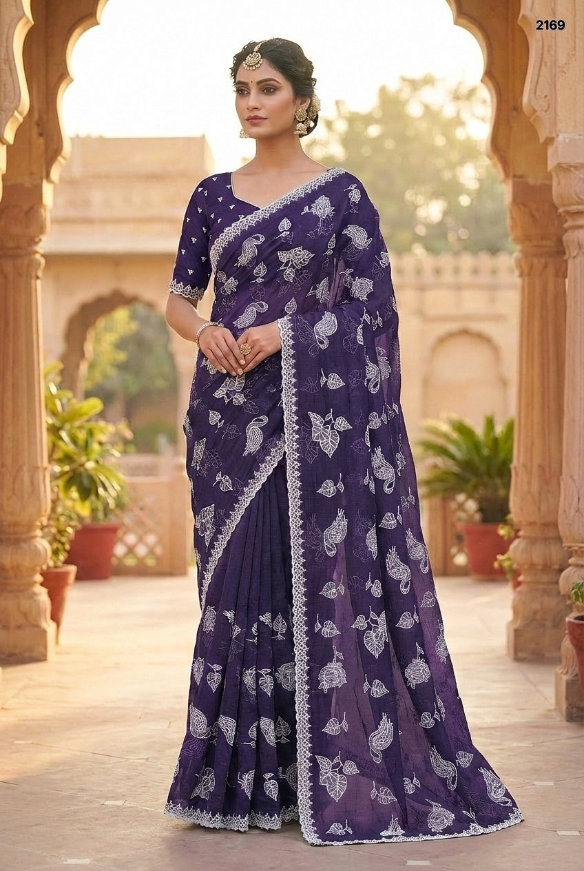 Elegant Deep Grape Purple Embroidered Crunchy Chiffon Saree