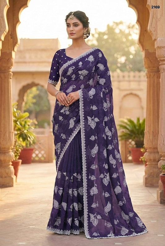 Elegant Deep Grape Purple Embroidered Crunchy Chiffon Saree