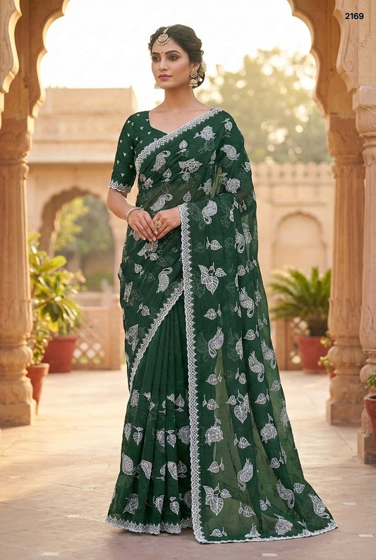 Elegant Bottle Green Crunchy Chiffon Saree with White Floral Embroidery