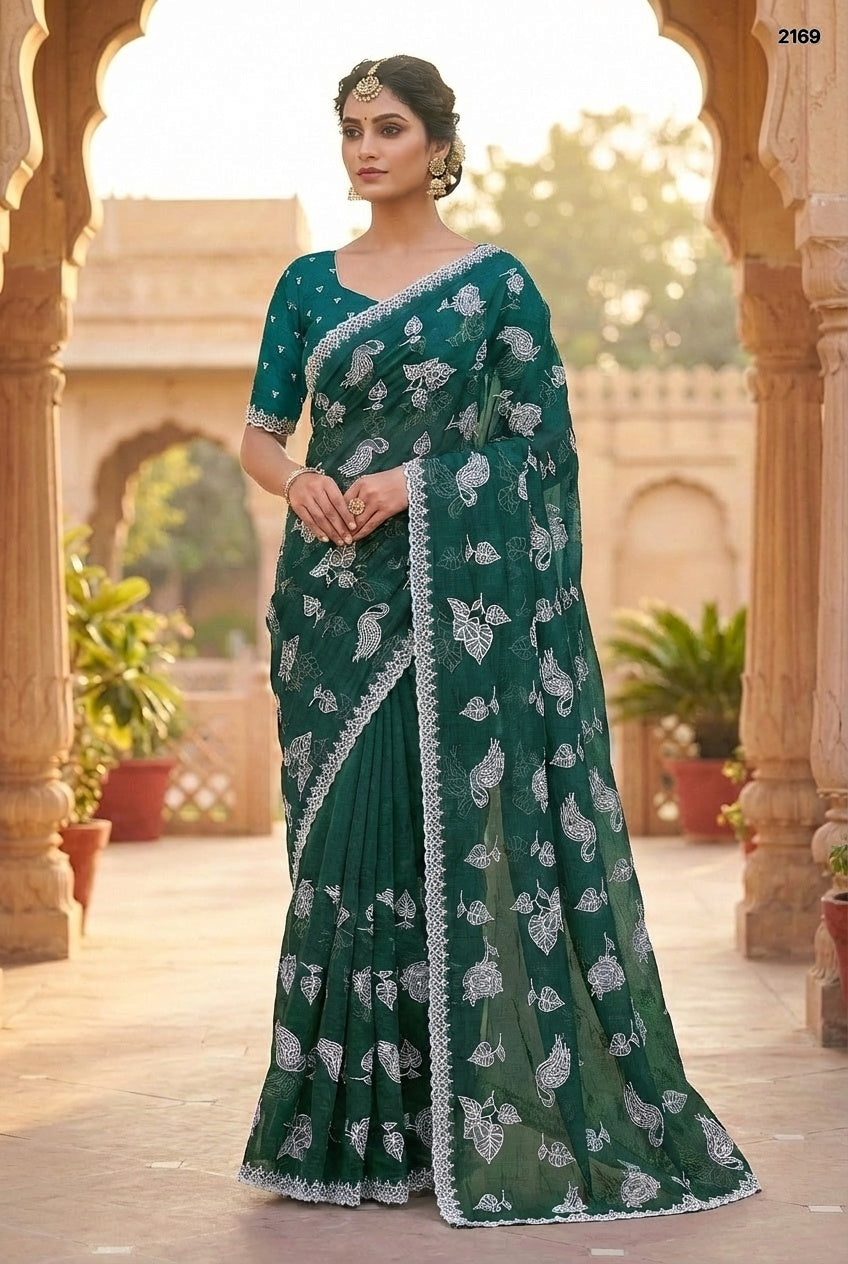 Elegant Emerald Green Crunchy Saree with Silver Leaf Embroidery