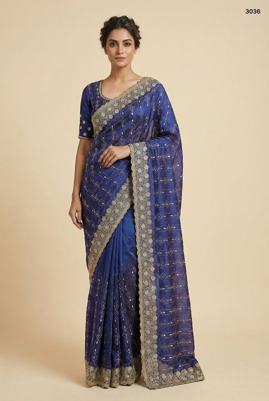 Royal Navy Blue Embroidered Nc Silk Saree