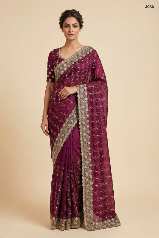 Radiant Wine Embroidered Nc Silk Saree