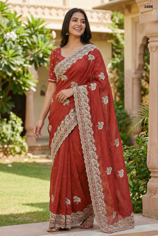 Elegant Embroidered Crunchy Saree Collection in Olive Green & Rustic Terracotta