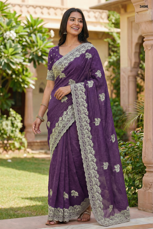 Royal Grape Purple Embroidered Crunchy Saree with Scalloped Borders