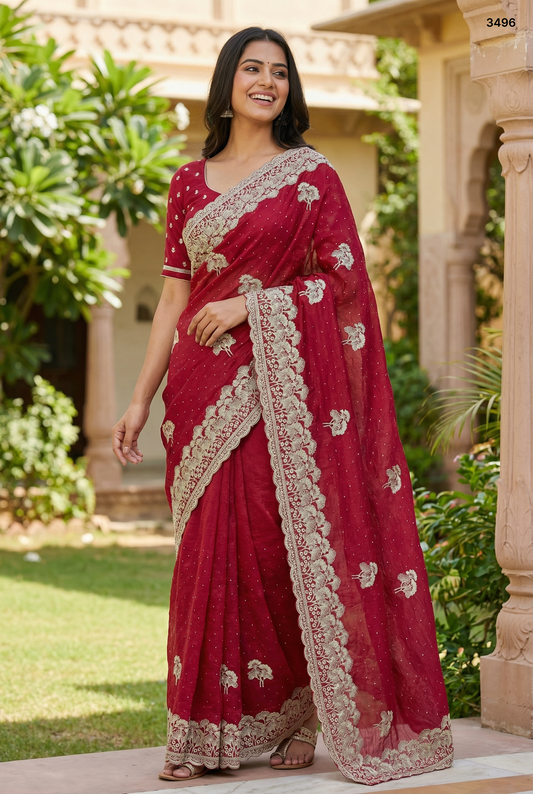 Regal Crimson Chanderi Saree with Ornate Silver Zari Embroidery