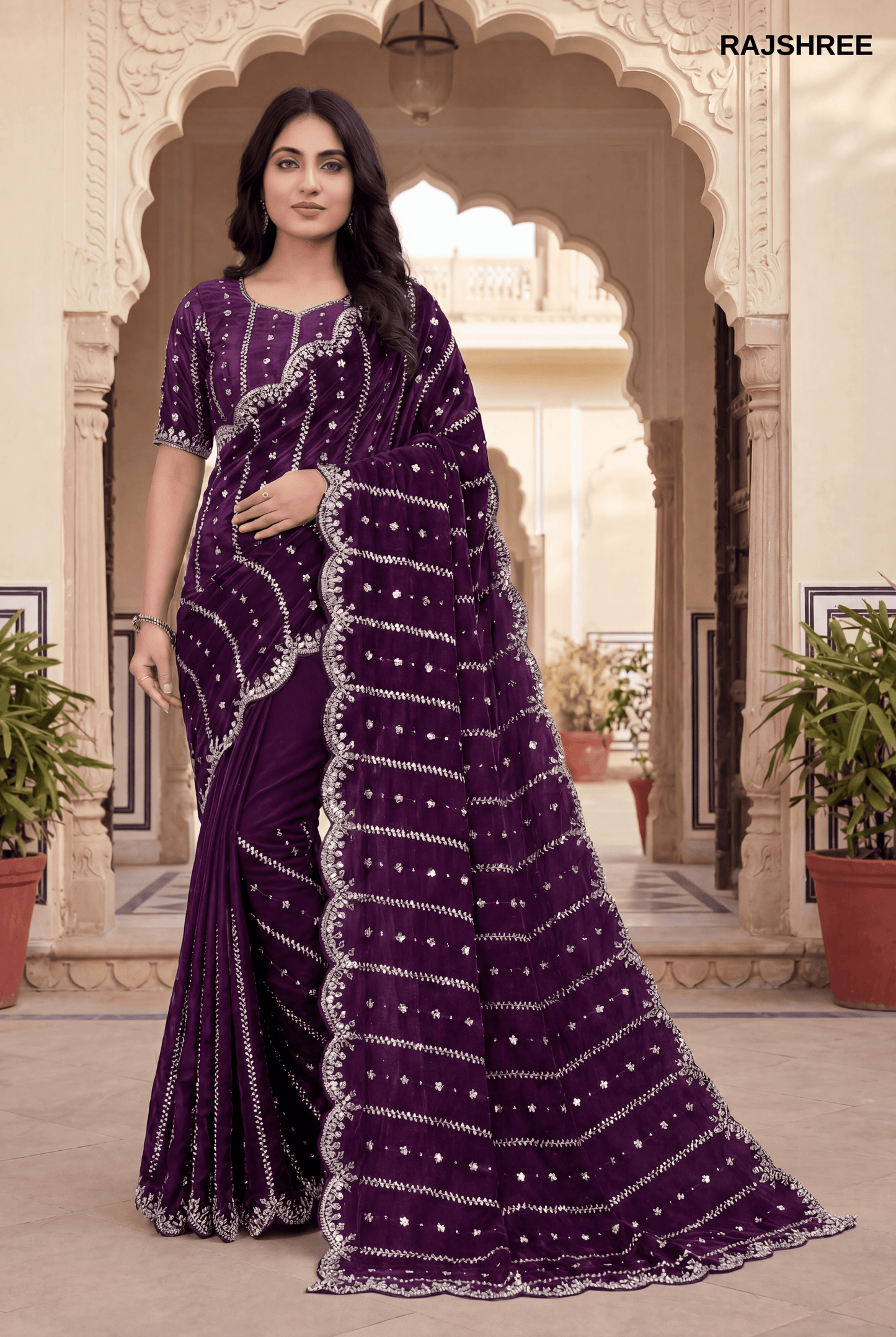 Royal Deep Purple  Fandy Silk Saree with Scalloped Silver beats work
