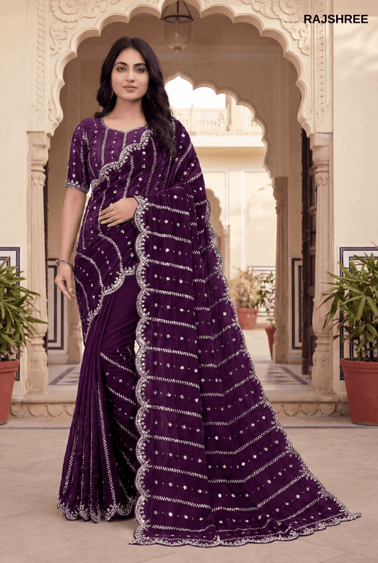 Royal Deep Purple  Fandy Silk Saree with Scalloped Silver beats work