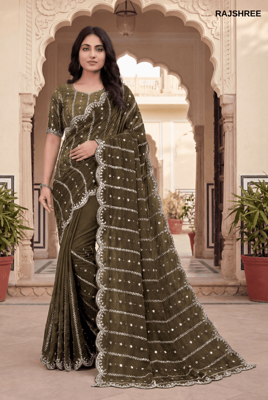 Elegant Olive Green  Fandy Silk Saree with Scalloped Silver beats work