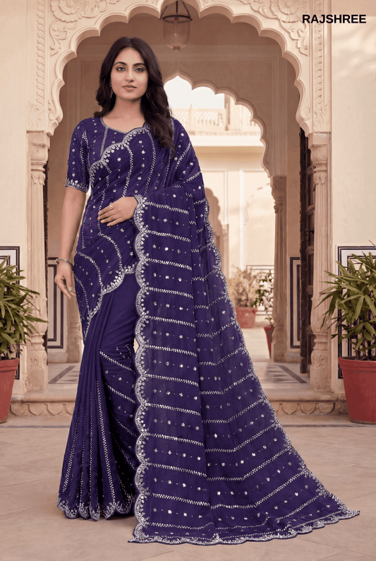 Exquisite Deep Violet Fandy Silk Saree with Scalloped Silver beats work