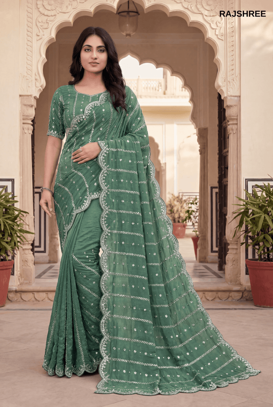 Scalloped Sage Green Fandy Silk Saree with Scalloped Silver beats work