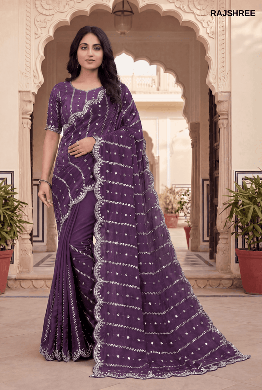 Deep Plum  Fandy Silk Saree with Scalloped Silver beats work