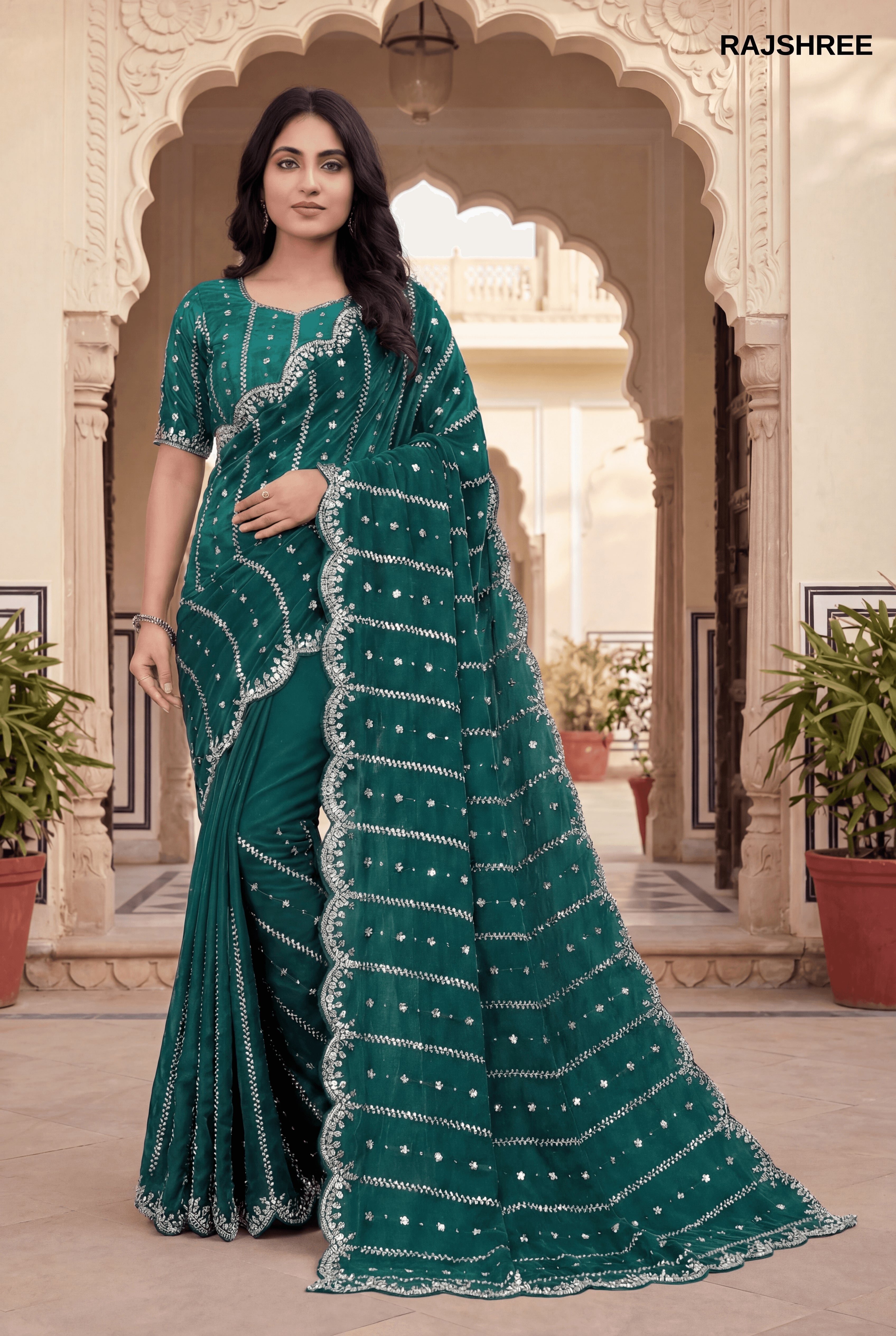 Emerald Radiance  Fandy Silk Saree with Scalloped Silver beats work