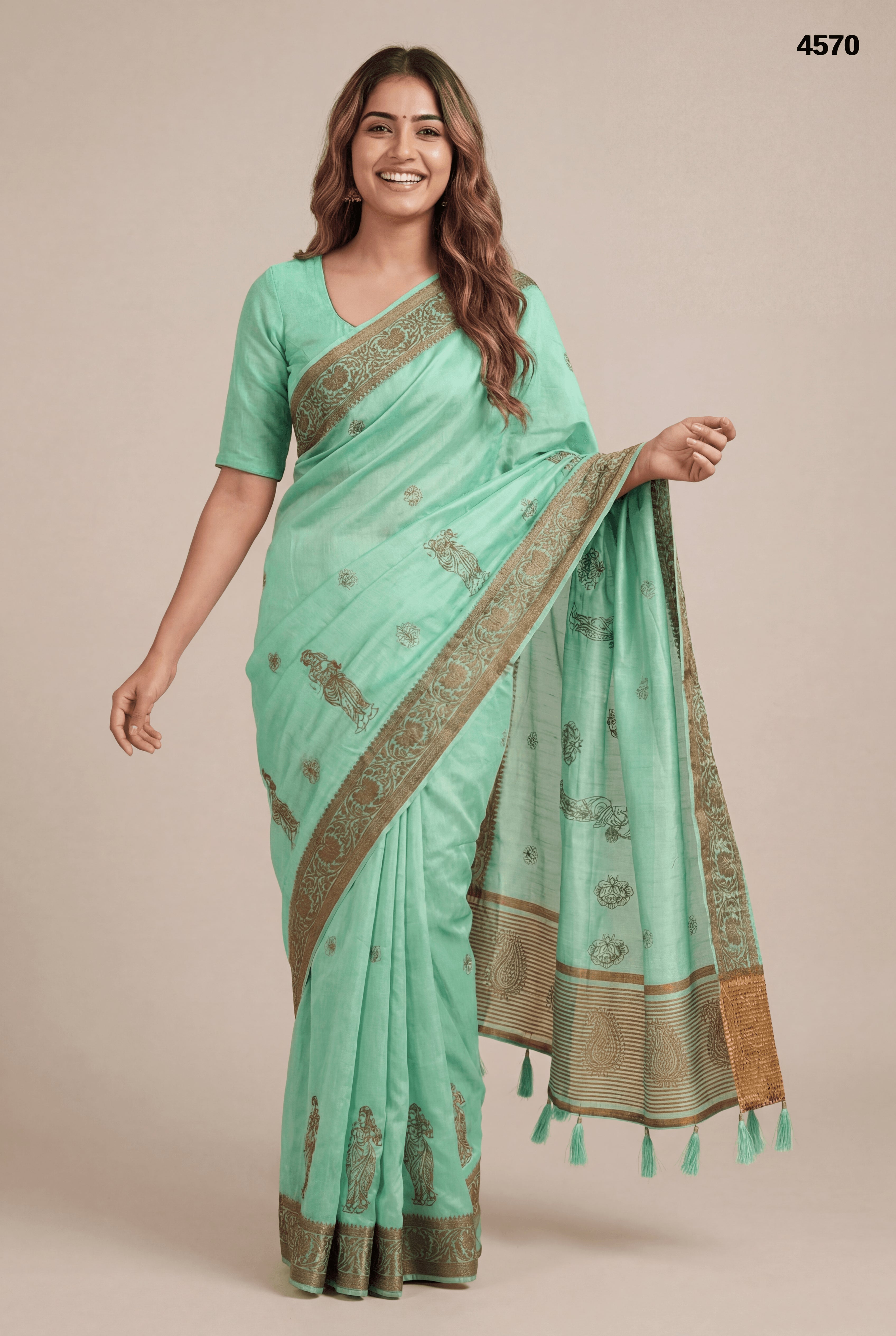 Elegant Mint Green Cotton Silk Saree with Traditional Motif Border