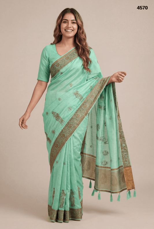 Elegant Mint Green Cotton Silk Saree with Traditional Motif Border