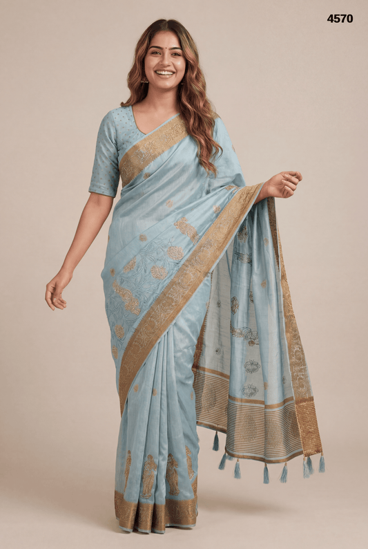 Light Grey Cotton Silk Saree with Elegant Zari Border