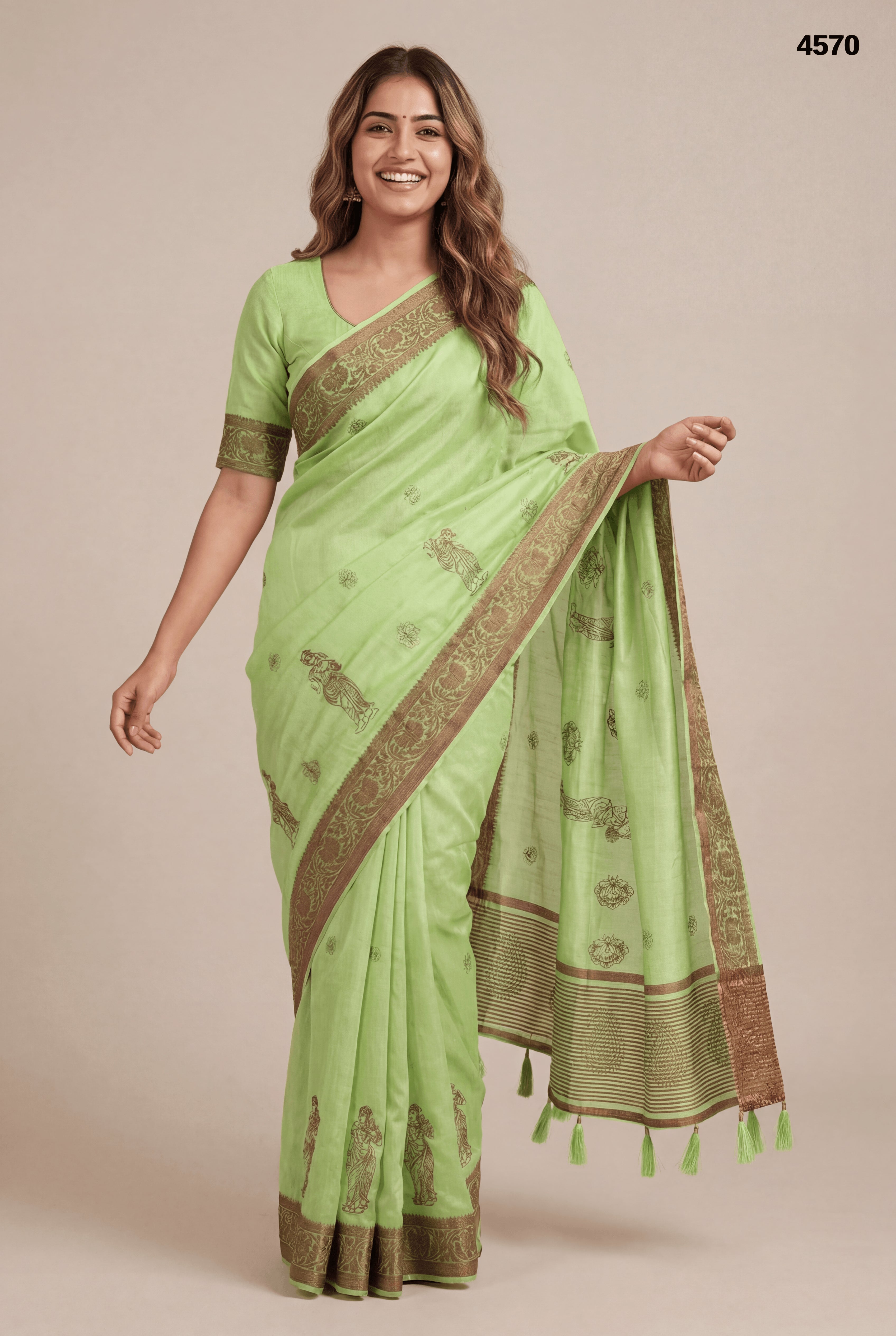 Light Green Cotton Silk Saree with Traditional Woven Motifs
