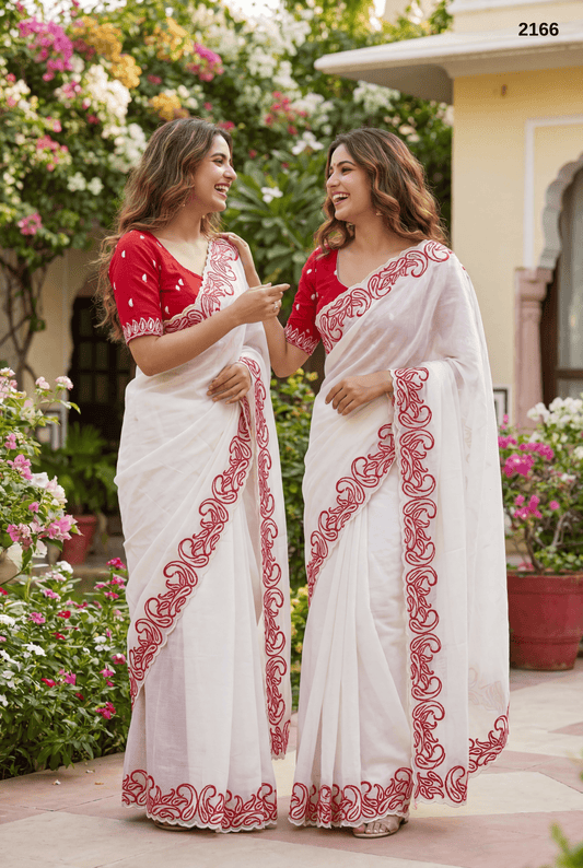 Elegant White & Crimson Embroidered Saree