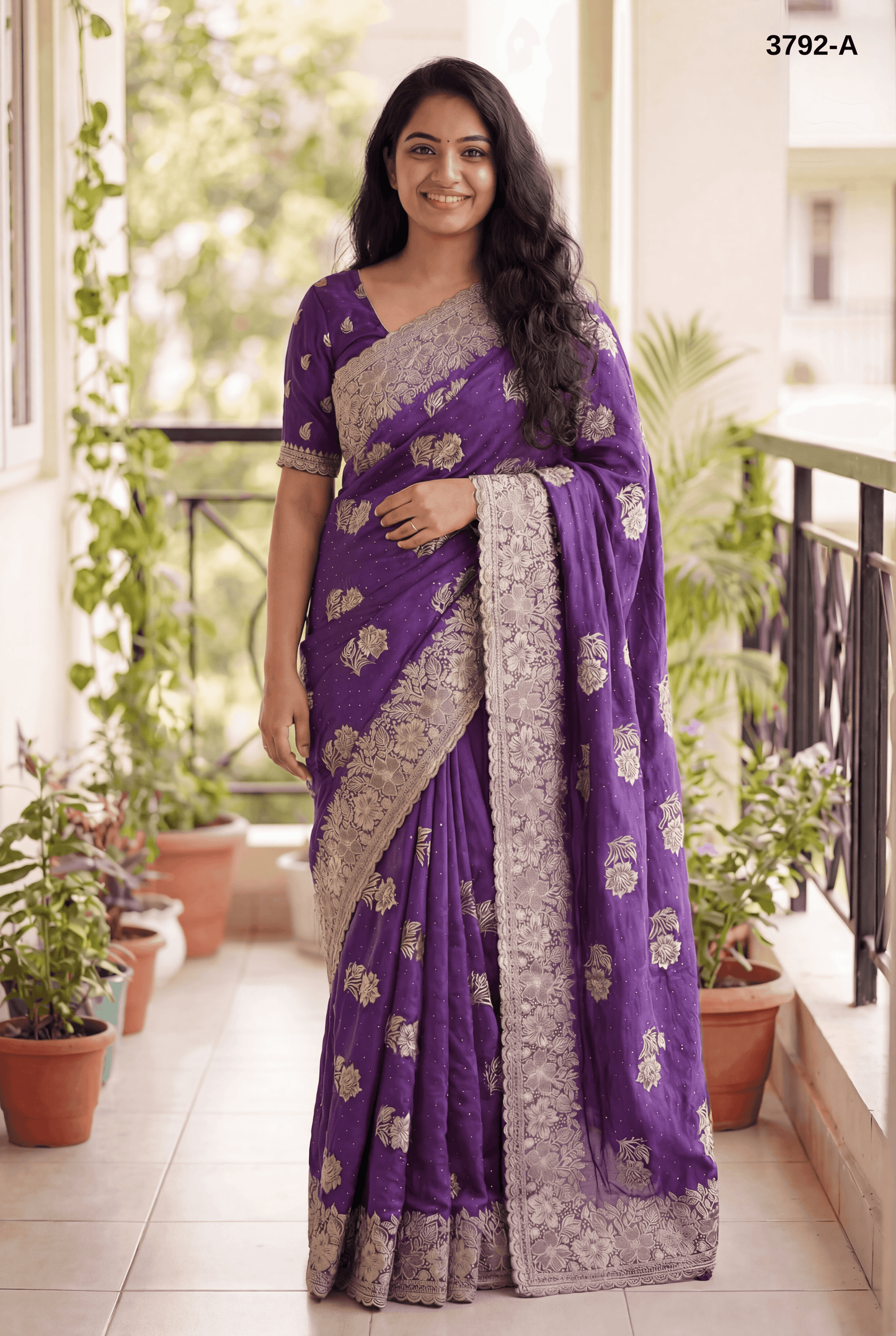 Premium Purple Vichitra Silk Saree with Embroidery & Stone Work