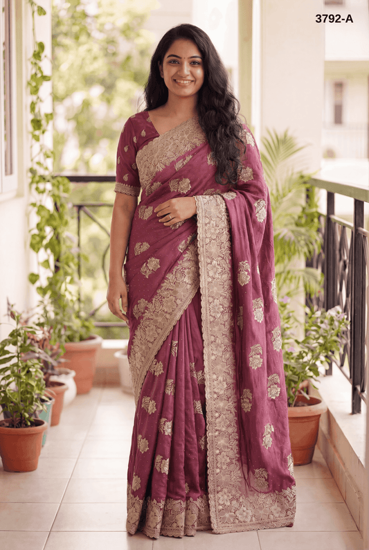 Premium Wine Vichitra Silk Saree with Embroidery & Stone Work – Elegant Festive & Party Wear
